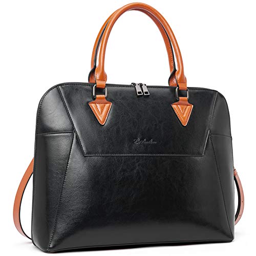 BOSTANTEN Briefcase for Women Leather 15.6 inch Laptop Shoulder Bag Office Work Crossbody Handbag - color: B-black&brown