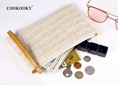 COOKOOKY Womens Straw Clutch Bag Bohemian Summer Beach Straw Purse Zipper Wristlet Wallets for Women - color: Beige-white