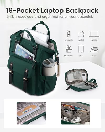 LOVEVOOK Laptop Backpack for Women with Giant Tumbler Holder Pocket,15.6 inch Waterproof Travel Backpack Purse Computer Laptop Bag - color: Dark Green With Cup Holder, size: 15.6 inch