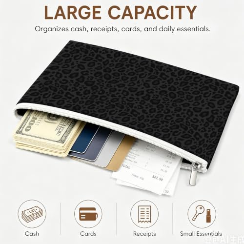 Money Bag with Zipper, Cute PU Leather Cash Bags, Portable Bank Bag Money Pouch for Cash, Coins, Checks, Receipts, Invoices Cosmetics Tools, Deposit Bag for Office Travel, Black Leopard - color: Black Leopard
