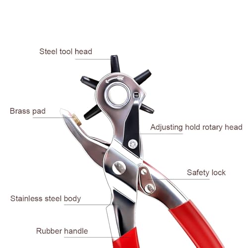 Heavy Duty Leather Hole Punch Tool for Belt and Strap Adjustable Rotary Hole Puncher with 6 Size Punches Ideal for Leather DIY Projects Dog Collars Saddles and Crafts Durable