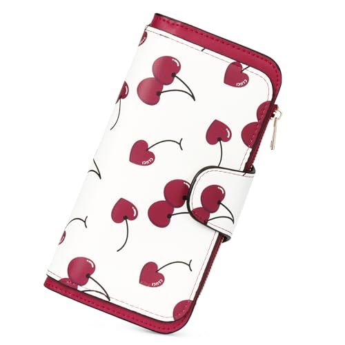 CLUCI RFID Wallet for Women Bifold Wallet with ID Window | Multiple Card Holder, Gifts for Women Birthday - color: Cherry Print