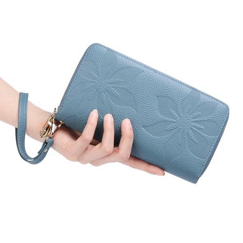 GOIACII Women's Wallet RFID Blocking Leather Wristlet | 2 Zip Around, Large Capacity, Credit Card Holder, Ladies Phone Clutch Purse - color: A16 Blue