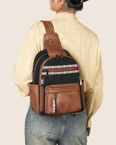Large Sling Bag for Women, Designer 10L Leather Crossbody Purse | Anti Theft Sling Backpack, RFID Fanny Packs for Travel, Ideal for Vacation Walking Daily Errands - color: Retro Black With Brown