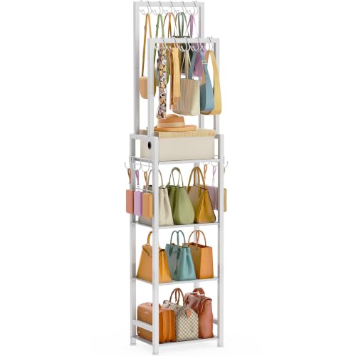 Tall Purse Organizer for Closet: 4-Tier Double Rods Purse Rack Stand,White | With 10 Purse Hanger & 6 Side Hooks, Visible Backpack Handbag Storage, Space-Saving Narrow Purse Shelf for Small Space, Home - color: White, size: 4 Tier