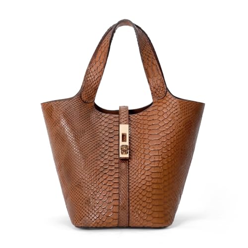 Tote Bag for Women Top Handle Handbag Satchel Bag for Women Vegan Leather Lock Design Bucket Purse for Work Evening - color: D