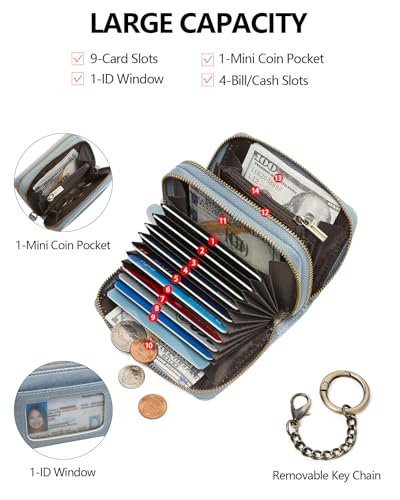 TFKGS Credit Card Holder for Women RFID Wallet Leather Womens Wallet with Zipper Blocking Keychain Card Accordion Wallets Gifts for Women Blue - color: 1-Blue