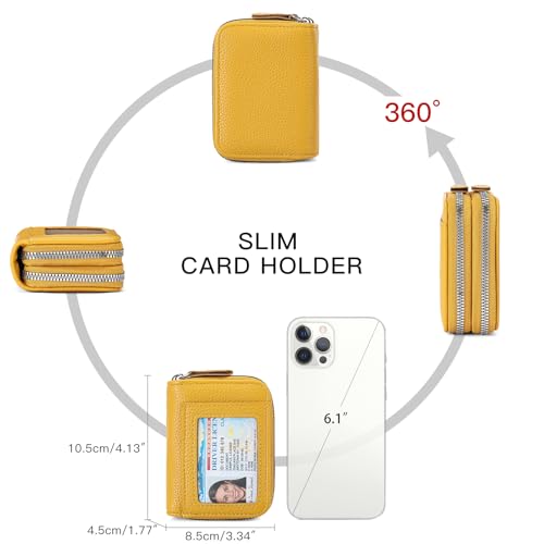 RNIEGA Credit Card Holder Wallet RFID Blocking Leather Small Wallet for Women Double Zipper Wallet with ID Window - color: A-Yellow