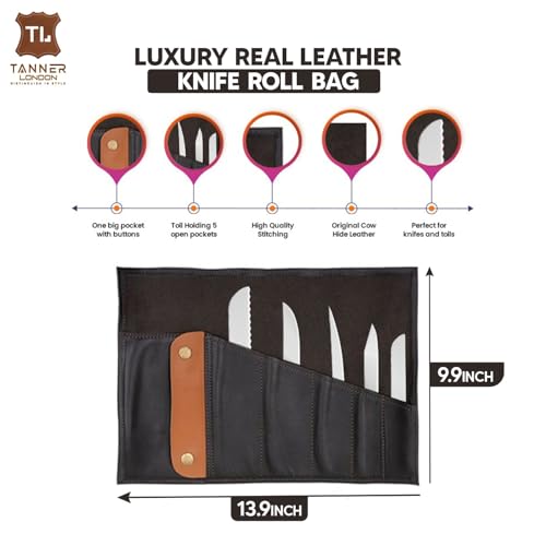 Leather Roll Bag, Full Grain Cowhide Tool Organizer, 35.3 x 25.1 cm, Green and Tan, Multi-Purpose with 5 Slots for Knives and Tools (Brown) - color: Brown