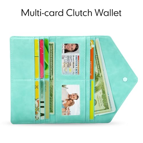Portable Multi-card Holder Case RFID Blocking Leather Card Wallet for Women, Envelope Style, Mint Green - color: Mint Green