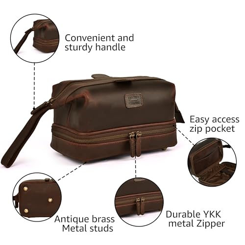 LEATHER VILLAGE Leather Toiletry Bag for Men, Travel Dopp Kit Shaving Bag | Full grain buffalo leather, two zip compartments, 9.6x5.5x5.1 in, YKK zippers, water-resistant lining, shaving kit- Cherry - color: Cherry