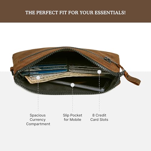 Leather Wristlet Wallet for Women Clutch Handbag Purse with Cell Phone Slot | Genuine Top Grain Leather, 8 Credit Card Slots, Detachable Strap, YKK Zipper, Gifts for Women - color: Cognac Crazy Horse