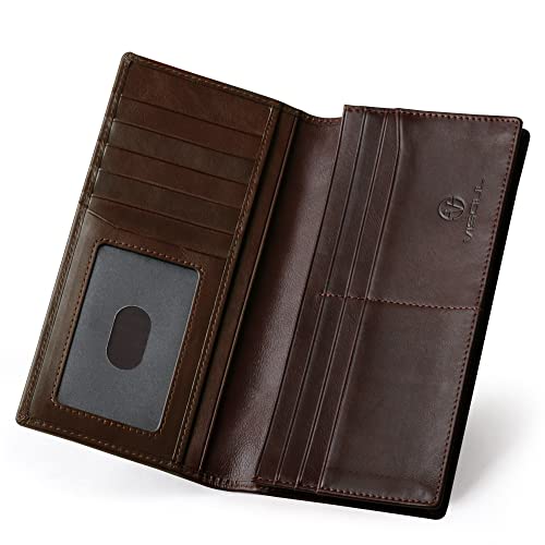 VISOUL Leather Checkbook Cover Wallet for Men with RFID Blocking, Mens Long Bifold Cash Tall Wallet with 11 Credit Card Slots 1 ID Window (Coffee) - color: Coffee