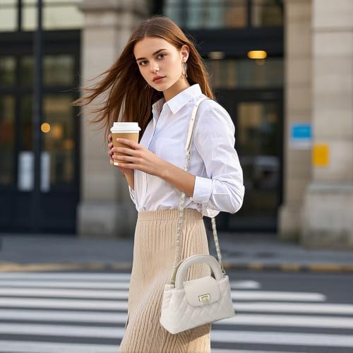 Small Quilted Crossbody Purse for Women, Faux Leather Top Handle Bag with Chain Strap, Elegant Mini Handbag - color: White