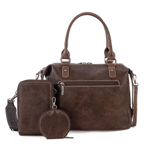 Wrangler 3Pcs Doctor Bag Sets for Women Top-handle Satchel Bag with Cell Phone Handbag and Coin Purse - color: Eye-catching Coffee
