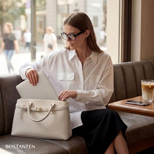 BOSTANTEN Soft Structured Satchel Bag for Women Medium Work Tote Handbag | Commute or everyday, Luxury Pebble Leather or Faux Suede, Professional Style, Removable Strap, Expandable, Giftable Choice - color: White