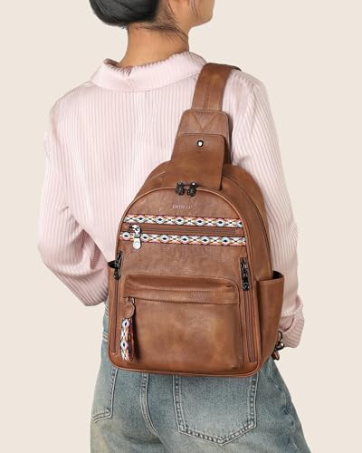 Large Sling Bag for Women, Designer 10L Leather Crossbody Purse | Anti Theft Sling Backpack, RFID Fanny Packs for Travel, Ideal for Vacation Walking Daily Errands - color: 1 Brown Retro Style
