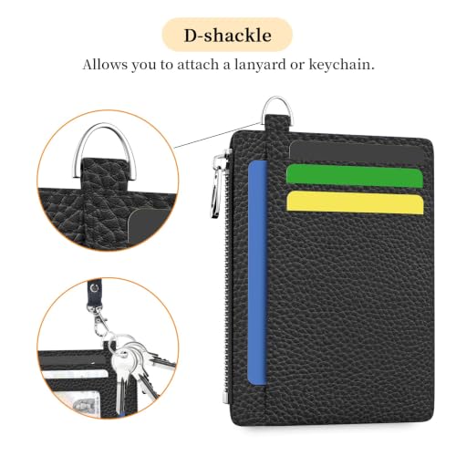 Hancynir Black Minimalist Slim Wallet Women Credit Card Holder RFID Small | Zipper Pocket Wallet, Thin Travel Coin Purse, Ladies Women Men Gifts, Cute Card Case, 6 Card Slots, ID Window, PU Leather - color: 01-Lichee Black