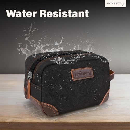 emissary Men's Toiletry Bag, Leather and Canvas Travel Toiletry Bag, Dopp Kit for Men, Travel Bathroom Bag Men's Shaving Kit, Travel Kit Small Bags for Men, Shaving Bag for Travel Accessories (Black) | Durable canvas & PU leather, water-resistant lining,