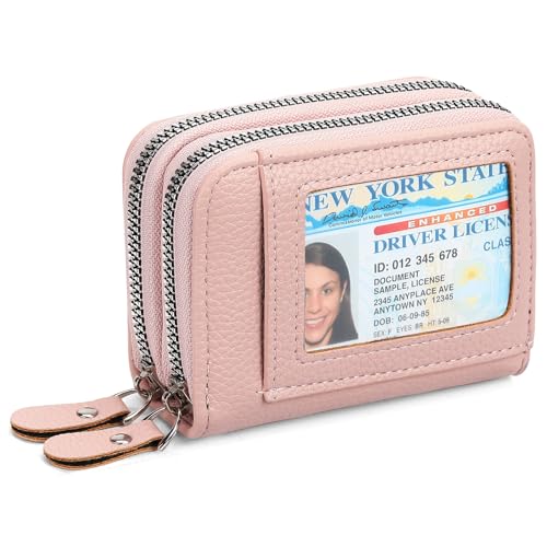RNIEGA Credit Card Holder Wallet RFID Blocking Leather Small Wallet for Women Double Zipper Wallet with ID Window - color: A-Pink
