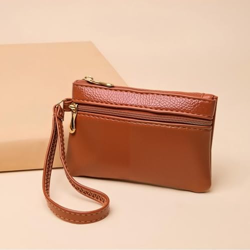 PU Leather Wristlet Coin Pouch Holder Slim Wrist Strap Change Purse Double Layer Keychain Wallet with Zipper Portable Leather Cash Organizer Case for Men Women Travel Credit Card(Brown) - color: Brown
