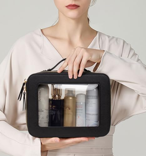 Clear Mahjong Tiles Bag - TSA Approved Toiletry Bags with Zipper, Makeup Organizer for Carry-on Travel Essentials, Cosmetic Bags for Women & Men (Large Black) - color: Black, style: Large