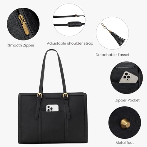 LOVEVOOK Laptop Bag for Women Vintage Leather Laptop Tote 17.3 inch Large Capacity Computer bag with Clutch Purse for Work - color: Black, size: 17.3 inch