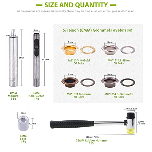 Keadic 200 Sets 8mm 5/16" Thickened Grommets Eyelets with 4 Pcs Install Tools Assortment Kit, Bronze Silver Gold Gun Black Metal Eyelet Grommet for DIY Leather Clothing Shoe Bags Crafts - color: Bronze Gun-black Gold Silver Assorted Set, size: 5/16"（8mm)