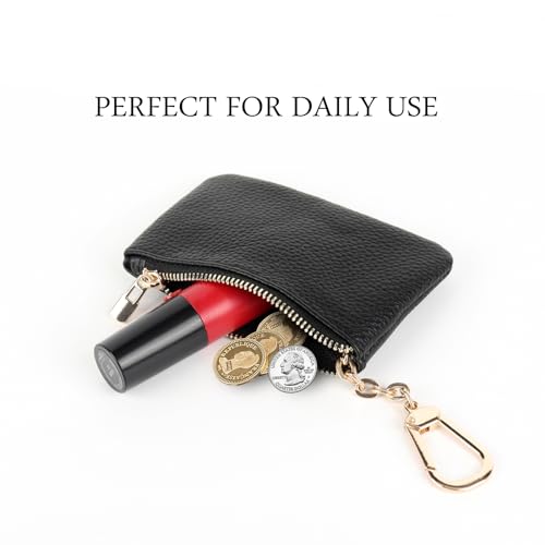 Full Grain Leather Coin Purse With Key Chain - Small Change Purse Card Holder Keychain Pouch Wallet for Women and Men (Black) - color: Black, Regular Size