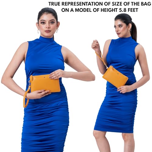 Leather Wristlet Wallet for Women Clutch Handbag Purse with Cell Phone Slot | Genuine Top Grain Leather, 8 Credit Card Slots, Detachable Strap, YKK Zipper, Gifts for Women - color: Mustard Nappa