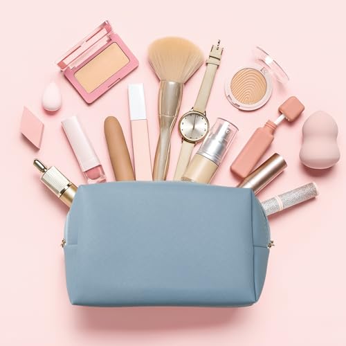 Kigeli Leather Makeup Bag PU Leather Cosmetic Pouch Wide-open Waterproof Toiletry Organizer with Dividers Travel Bag Birthday Valentine's Day Gifts for Women Friend Sister Daughter BFF(Haze Blue) - color: Haze Blue