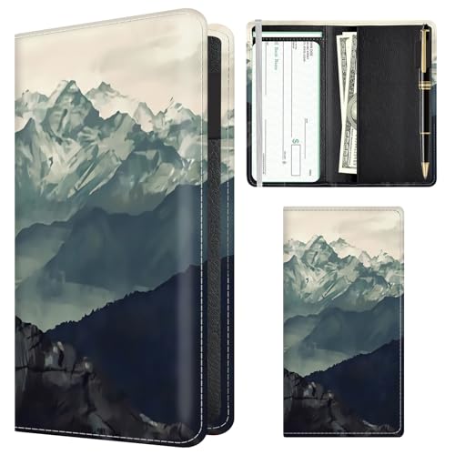 Checkbook Cover for Personal Checkbook, Cute PU Leather Check Book for Women & Men, Slim Checkbook Holder with Pen Holder and Built-in Clear Plastic Divider Forest Mountain Fog - color: Forest Mountain Fog
