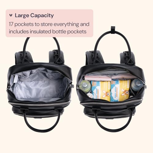BabbleRoo Leather Diaper Bag Backpack - Baby Essentials Travel Baby Bag, Multi function, with Changing Pad, Stroller Straps & Pacifier Case – Unisex, Black - color: Vegan Leather Black, size: Large