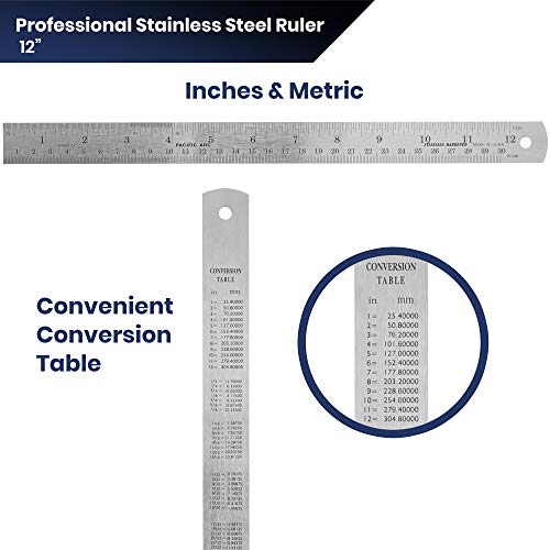 Pacific Arc 12 Inch Stainless Steel Ruler with Inch/Metric Conversion Table - style: 12 In