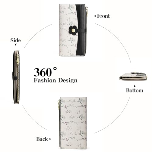 GAEKEAO Womens Wallet Slim Thin RFID Blocking Bifold Floral Vegan Leather Card Holder Large Capacity Wallet with Zipper Pocket - color: Y-Black