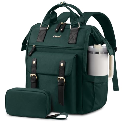 LOVEVOOK Laptop Backpack for Women with Giant Tumbler Holder Pocket,15.6 inch Waterproof Travel Backpack Purse Computer Laptop Bag - color: Dark Green With Cup Holder, size: 15.6 inch