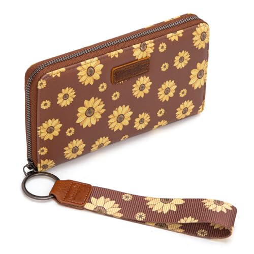 Wrangler Brown Daisy Wallets for Women Large Capacity Wristlet Wallets, Card Cases & Money Organizers Ladies Female Clutch Credit Card Phone Wallet with Smooth Zipper and ID Window - color: Daisy-Brown
