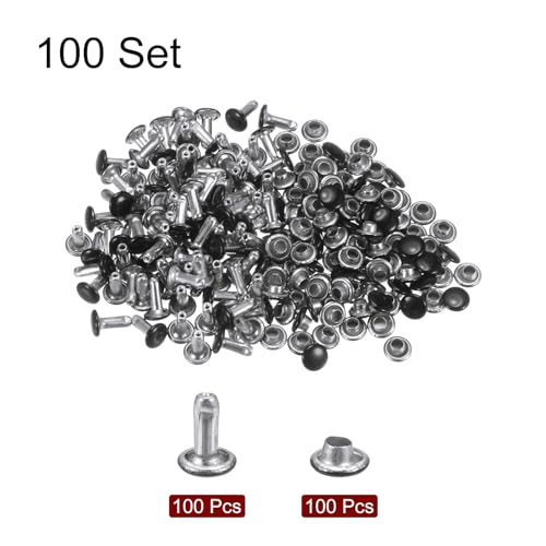 HARFINGTON 100 Sets Leather Rivets 6mm x 8mm Metal Double Cap Rivet Snaps Studs Fasteners with 3pcs Setting Tools Rivets for Leather Craft DIY Decoration, Brilliant Black - color: Brilliant Black, size: 6mm x 8mm