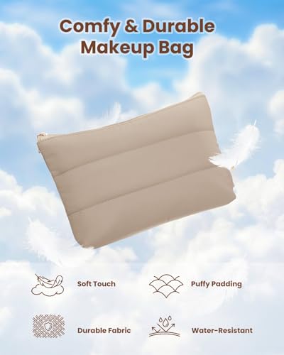 Wandering Nature Small Makeup Bag 2 Pack Cosmetic Bag for Purse, Puffer Quilted Makeup Pouch, Cute Travel Pouch with Zipper for Women, Khaqi - color: Khaqi