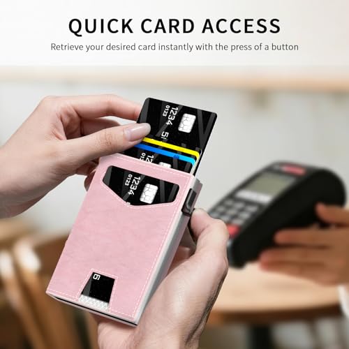 RFID Wallet Women: Stylish Security Metal Wallet for 10-12 Cards & 2 ID Windows - Smart Pop-Up Credit Card Holder & Cash Slot in Compact Trifold Design,Gift for Her(Pink) - color: Pink