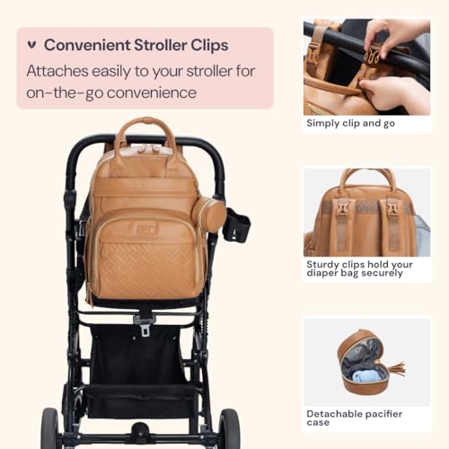 BabbleRoo Leather Diaper Bag Backpack - Baby Essentials Travel Baby Bag, Multi function, Water Resistant, with Changing Pad, Stroller Straps & Pacifier Case – Unisex, Light Brown - color: Vegan Leather Light Brown, size: Large