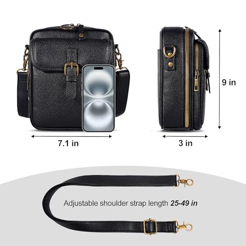 Vintage Messenger Bag,Womens Large Capacity Crossbody Leather Bags,Mini Shoulder Sling Pouch with Card Slots(6.1x3x8 inch) - color: Black, size: 7.1x3x9inch