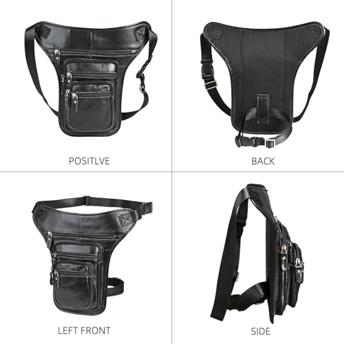 Water Resistant Canvas + Leather Motorcycle Travel Fanny Waist Pack Drop Thigh Leg Bag Pouch For Men Women FB913-5 - color: Genuine Leather-3111 Black
