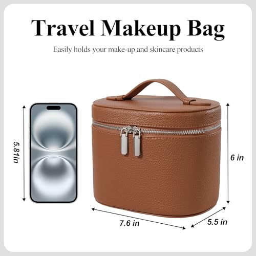 honitty Makeup Bag, Travel Make up Case with Compartments and Handle, Portable Cosmetic Organizer Bags,Toiletry Bag for Women - color: brown(7.6*5.5*6 in), size: M(7.6*5.5*6 in)