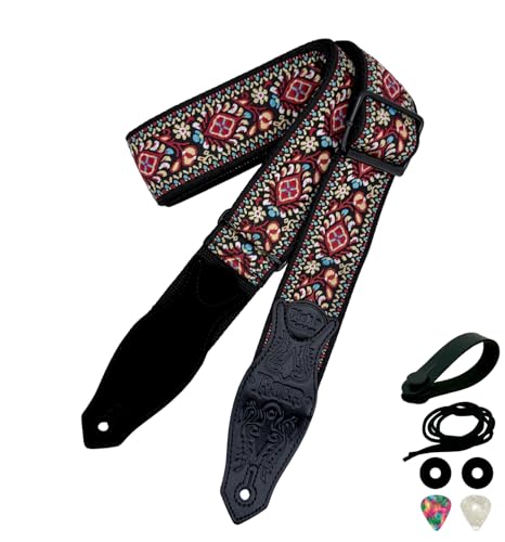 Rockyou 2" Wide Double-Layer Padded Guitar Strap with 4 Pick Holders, beauty Leather Ends & Metal Buckles(Red Garden) - color: Red Garden