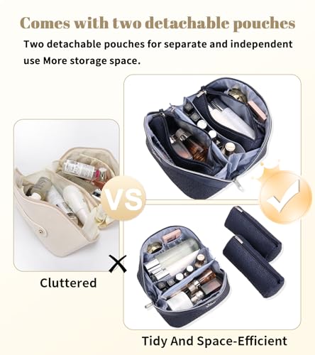 BOYATU Travel Makeup Bags Cosmetic Organizer Bag: 3 Pcs Set Large Capacity Make up Bag with Compartments - Waterproof Leather Toiletry Bags with Handle for Women (A-Dard Blue) - color: A-Dard Blue