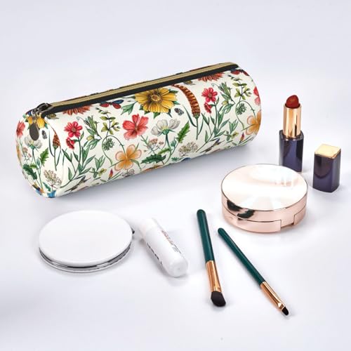 OSAM SPACE Leather Pencil Case Round Pencil Bag Flowers Dragonflies Butterfly Pen Organizer Holder Portable Zipper Pouch Cute School Supplies for Girls Boys Study Office - color: Flowers Dragonflies Butterfly
