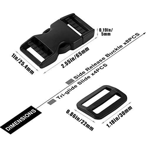 Buckles for Straps 1 inch:Side Release Buckle Plastic Clip 4 set + Tri-Glide Slide 8 pcs,Fit 1 inch Wide Nylon Strap Webbing Belt,Heavy Duty Dual Adjustable Plastic Buckle No Sewing… - color: 1" 4 Pcs Buckle Set