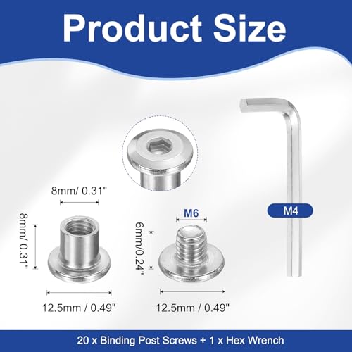 PATIKIL M6x6mm Hex Chicago Screws 8x8mm, 20Pcs 304 Stainless Steel Metric Hex Drive Socket Cap Binding Post Screw Posts for Scrapbook Leather Belt Album Furniture Repair, Silver - size: M6x6mm, 8x8mm
