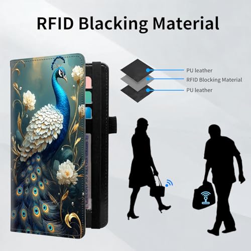 Checkbook Cover for Women and Men, RFID Blocking PU Leather Checkbook Holder Wallet Case with Elastic Strap & Multiple Card Slots, for Checks and Cards, Hummingbird Among Blooms - color: Peacock with Golden Vines